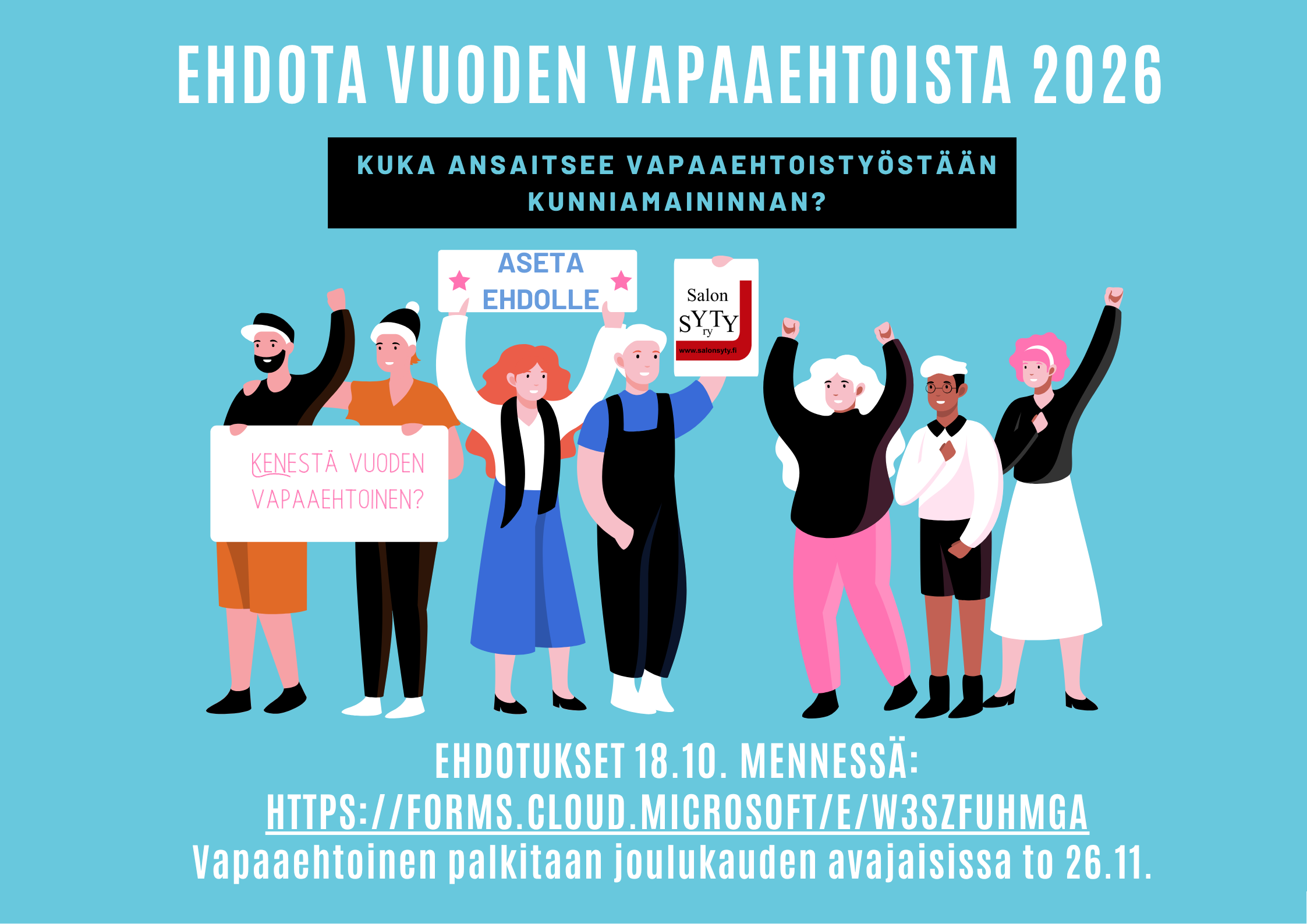 Sinisellä pohjalla seitsemän ihmistä kannattelee erilaisia kylttejä. 