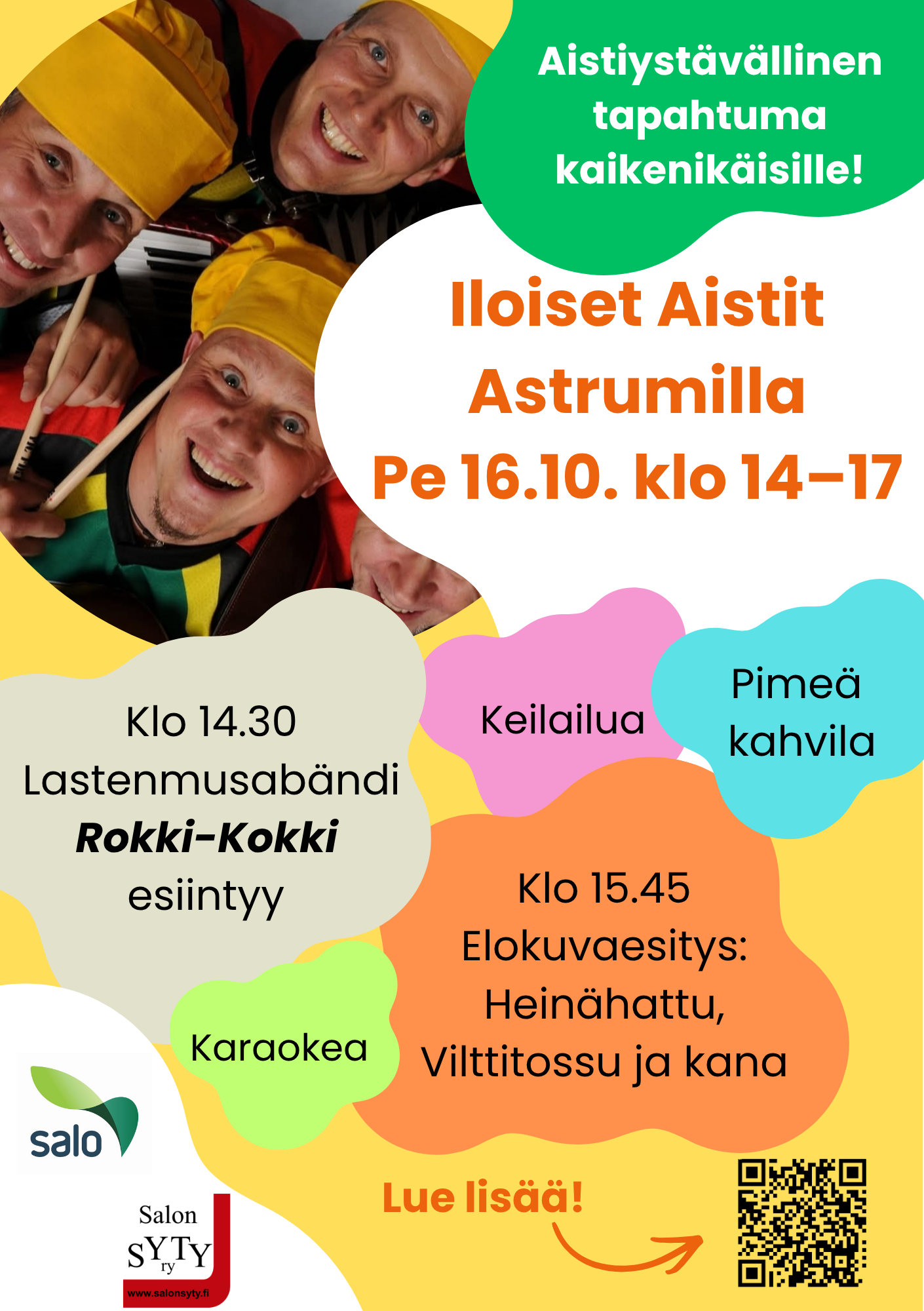 Paljon erivärisiä kuplia missä kerrottu mitä Astrumilla tapahtuu. Yhdessä kuplassa Rokki-Kokki yhtyeen kuva.