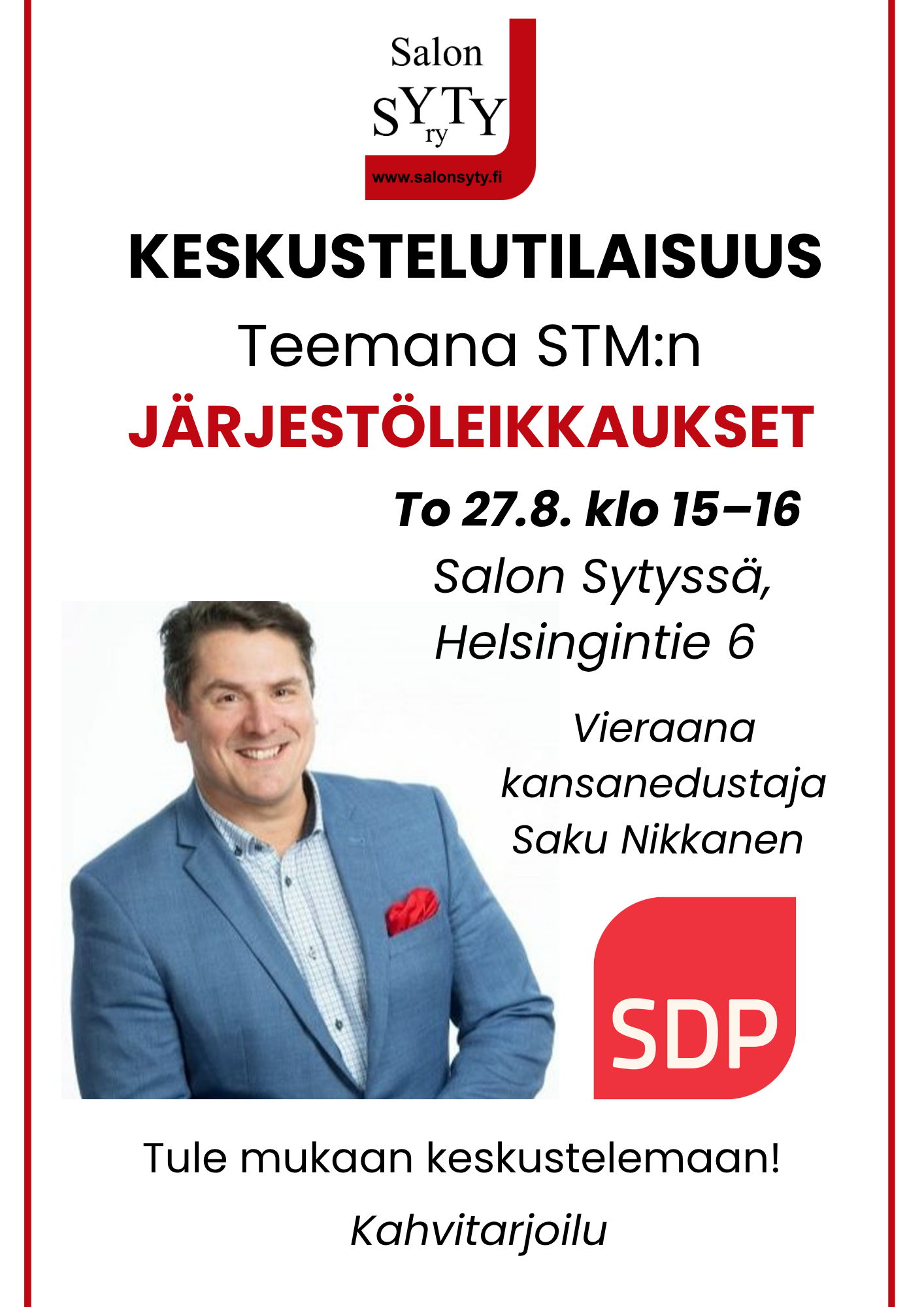 Saku Nikkasen kuva ja SDP:n logo. 